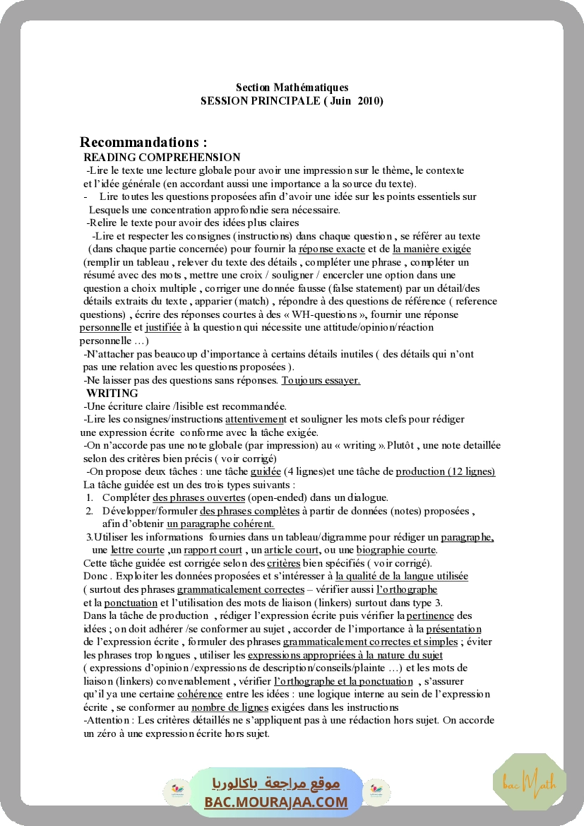 Corrigé principale anglais Bac 2010 – Section math